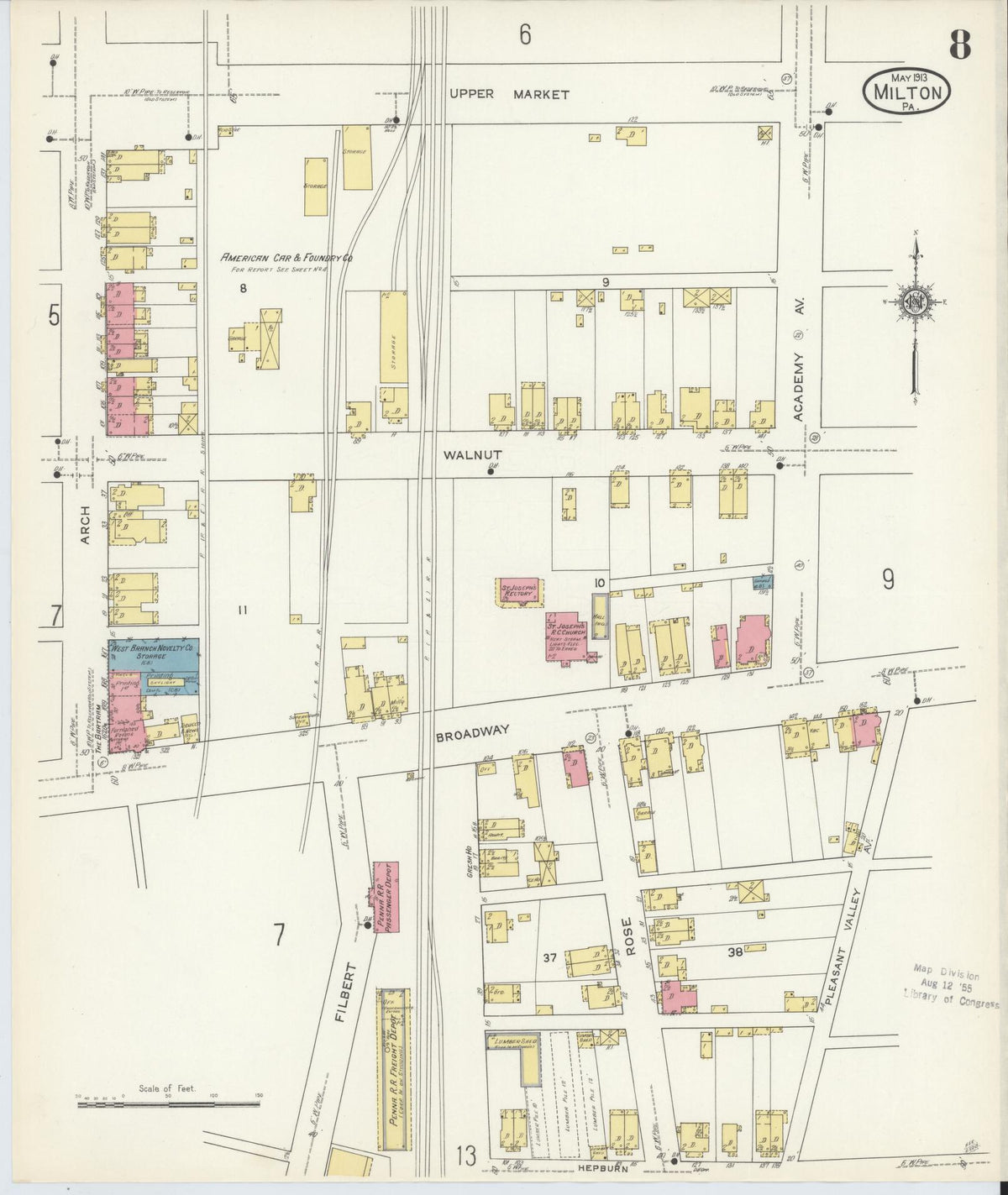 Sanborn Fire Insurance Map from Milton, Northumberland County, Pennsylvania (1913), Sheet #0008 - Complete Map Set gallery image, historic Sanborn map, vintage wall art, Pennsylvania Pennsylvania