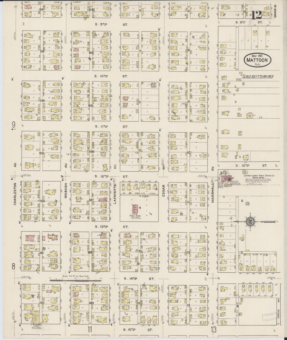 Sanborn Fire Insurance Map from Mattoon, Coles County, Illinois (1915), Sheet #0012 - Complete Map Set gallery image, historic Sanborn map, vintage wall art, Illinois Illinois