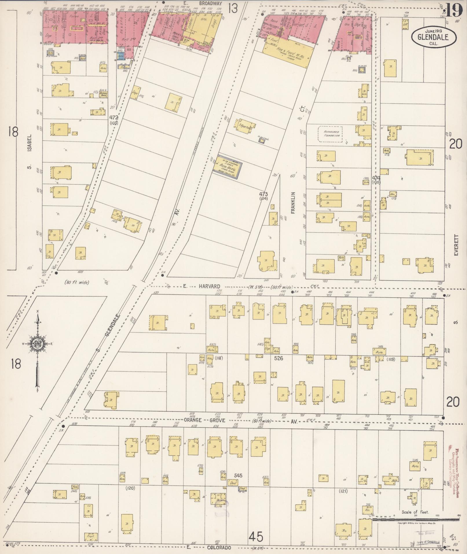 Sanborn Fire Insurance Map from Glendale, Los Angeles County, California (1919), Sheet #0019 - Historic Sanborn Fire Insurance Map Print, vintage old map wall art, antique decor, genealogy gift, California California map