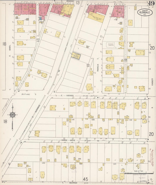 Sanborn Fire Insurance Map from Glendale, Los Angeles County, California (1919), Sheet #0019 - Historic Sanborn Fire Insurance Map Print, vintage old map wall art, antique decor, genealogy gift, California California map