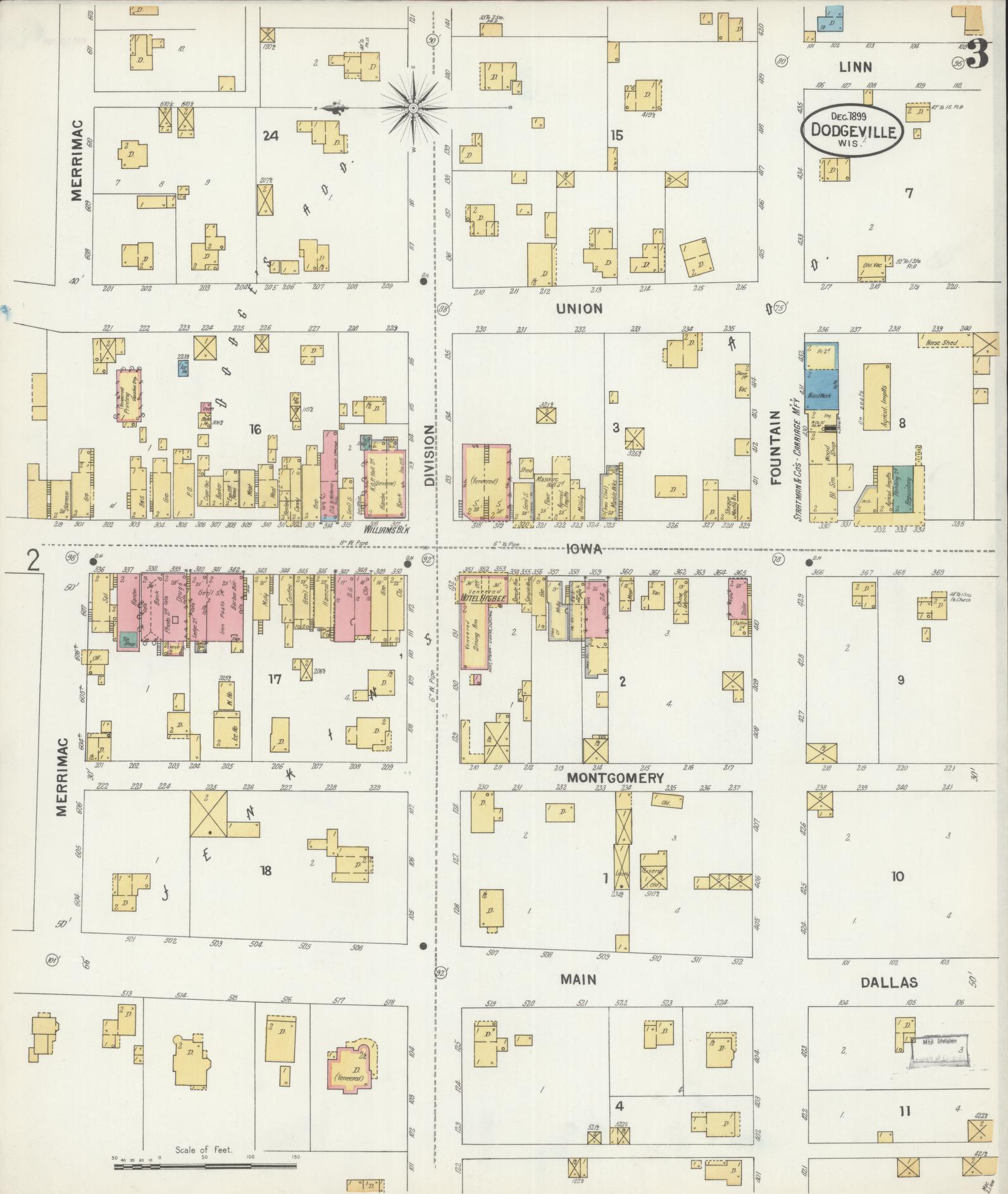 Sanborn Fire Insurance Map from Dodgeville, Iowa County, Wisconsin (1899), Sheet #0003 - Complete Map Set gallery image, historic Sanborn map, vintage wall art, Wisconsin Wisconsin