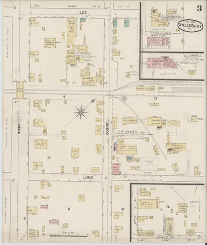 Sanborn Fire Insurance Map from Salisbury, Rowan County, North Carolina (1890), Sheet #0003 - Complete Map Set gallery image, historic Sanborn map, vintage wall art, North Carolina North Carolina