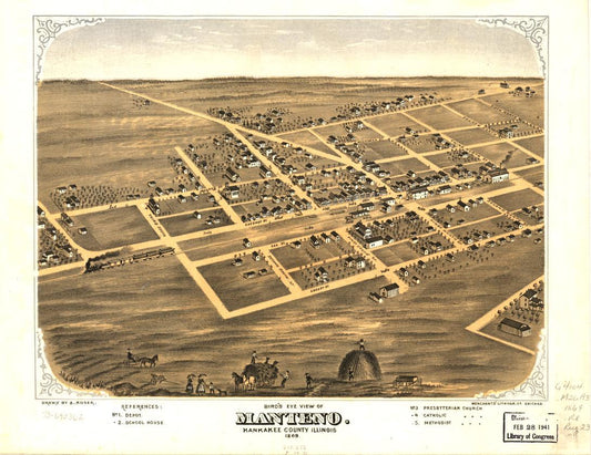 Bird's eye view of Manteno, Kankakee County, Illinois 1869. (1869) – Historic Bird’s-Eye View Panorama Print