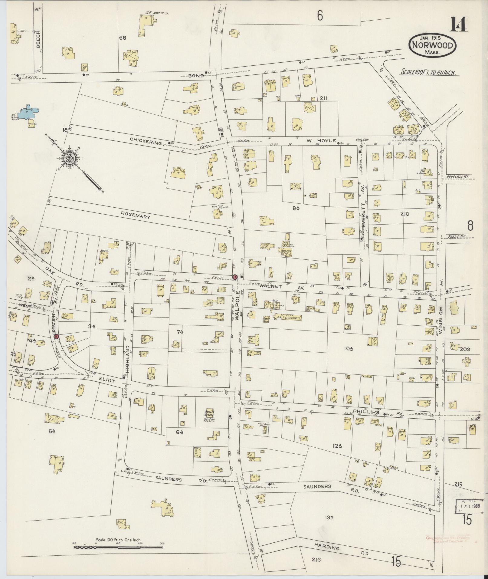 Sanborn Fire Insurance Map from Norwood, Norfolk County, Massachusetts (1915), Sheet #0014 - Historic Sanborn Fire Insurance Map Print, vintage old map wall art, antique decor, genealogy gift, Massachusetts Massachusetts map