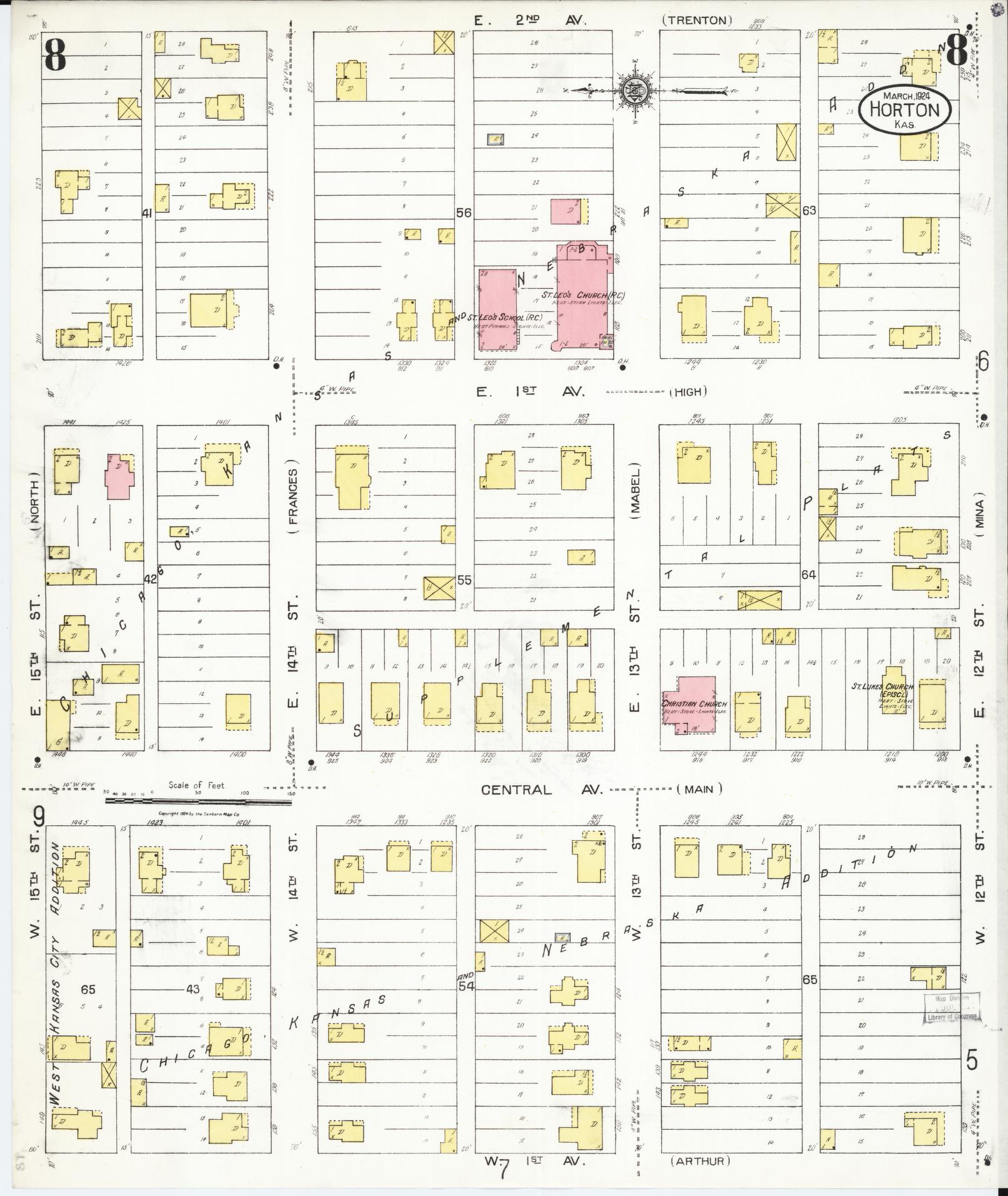 Sanborn Fire Insurance Map from Horton, Brown County, Kansas (1924), Sheet #0008 - Historic Sanborn Fire Insurance Map Print, vintage old map wall art, antique decor, genealogy gift, Kansas Kansas map