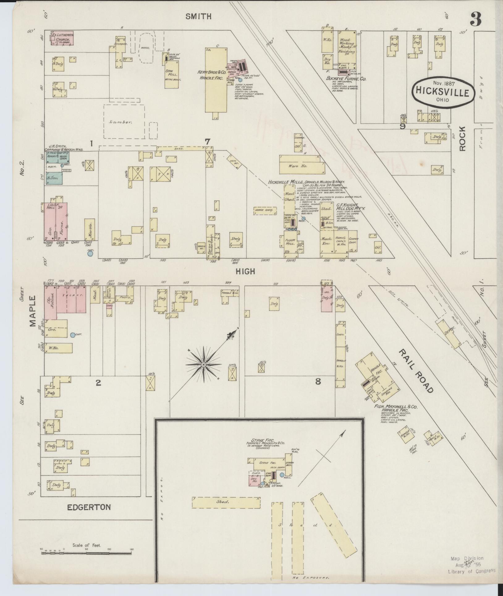 Sanborn Fire Insurance Map from Hicksville, Defiance County, Ohio (1887), Sheet #0003 - Historic Sanborn Fire Insurance Map Print, vintage old map wall art, antique decor, genealogy gift, Ohio Ohio map