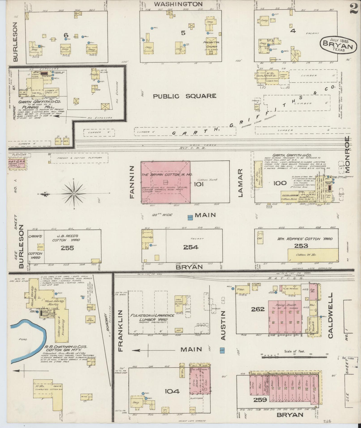 Sanborn Fire Insurance Map from Bryan, Brazos County, Texas (1885), Sheet #0002 - Historic Sanborn Fire Insurance Map Print, vintage old map wall art, antique decor, genealogy gift, Texas Texas map