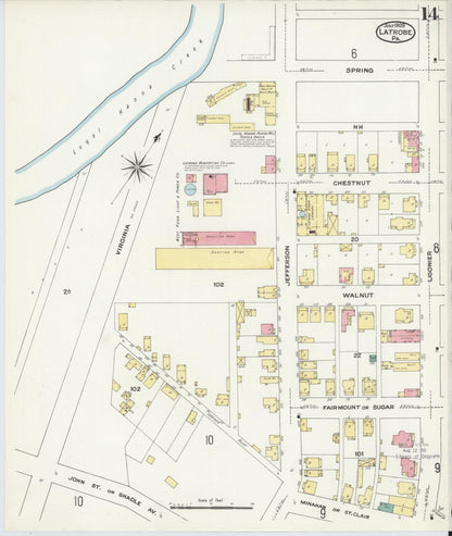 Sanborn Fire Insurance Map from Latrobe, Westmoreland County, Pennsylvania (1909), Sheet #0014 - Historic Sanborn Fire Insurance Map Print, vintage old map wall art, antique decor, genealogy gift, Pennsylvania Pennsylvania map