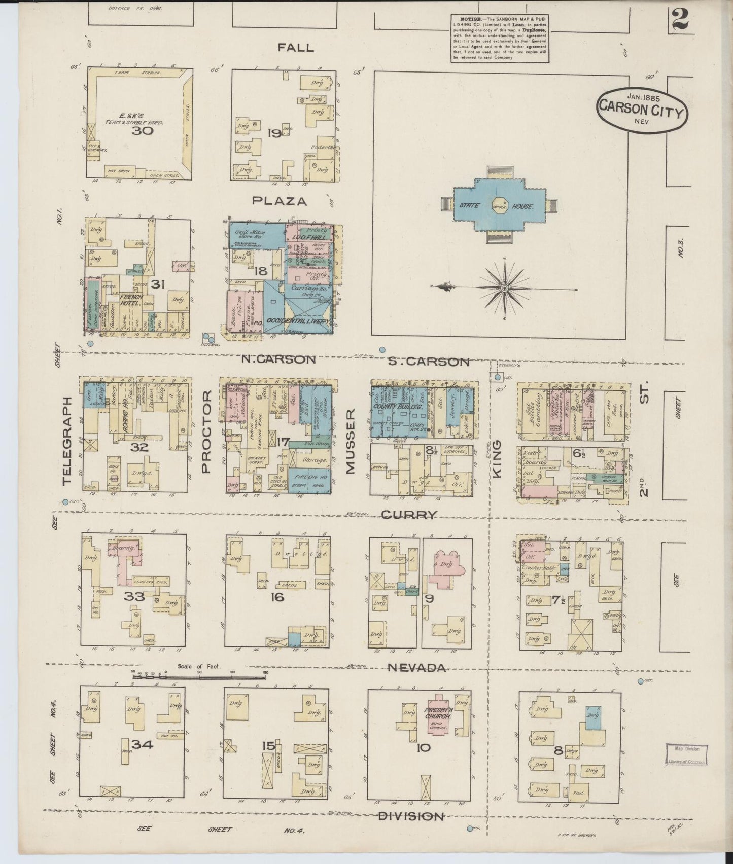 Sanborn Fire Insurance Map from Carson City, Carson City County, Nevada (1885), Sheet #0002 - Historic Sanborn Fire Insurance Map Print, vintage old map wall art, antique decor, genealogy gift, Nevada Nevada map