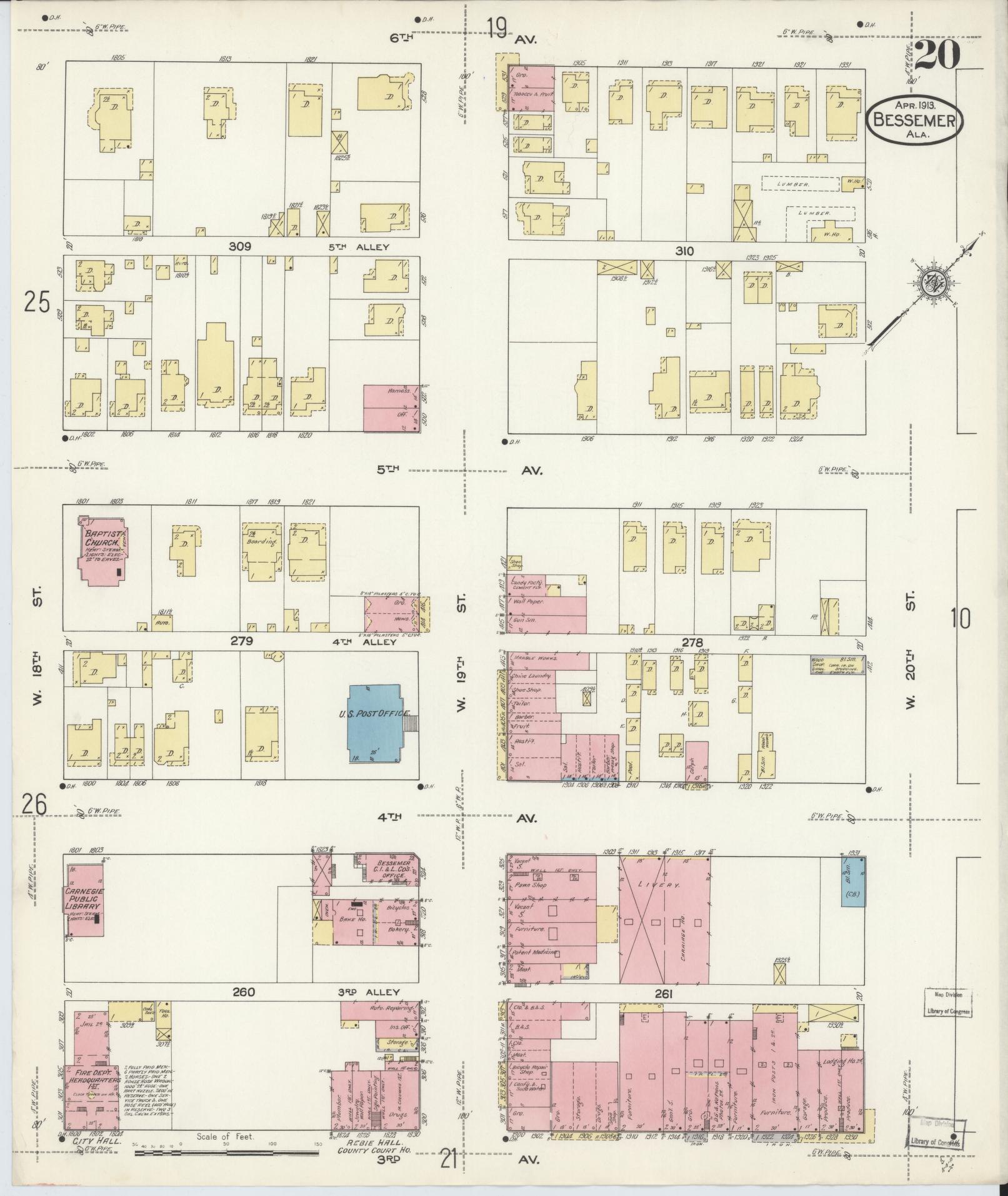 Sanborn Fire Insurance Map from Bessemer, Jefferson County, Alabama (1913), Sheet #0020 - Complete Map Set gallery image, historic Sanborn map, vintage wall art, Alabama Alabama