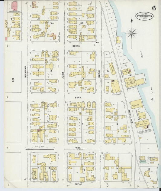Sanborn Fire Insurance Map from Port Huron, Saint Clair County, Michigan (1898), Sheet #0006 - Historic Sanborn Fire Insurance Map Print, vintage old map wall art, antique decor, genealogy gift, Michigan Michigan map
