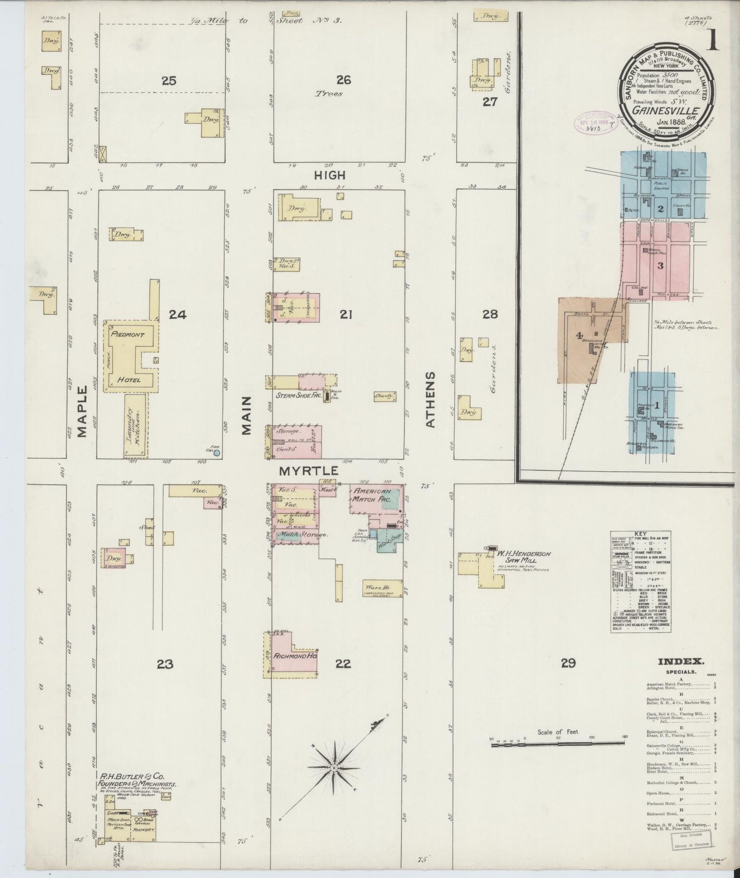 Sanborn Fire Insurance Map from Gainesville, Hall County, Georgia (1888), Sheet #0001 - Complete Map Set gallery image, historic Sanborn map, vintage wall art, Georgia Georgia
