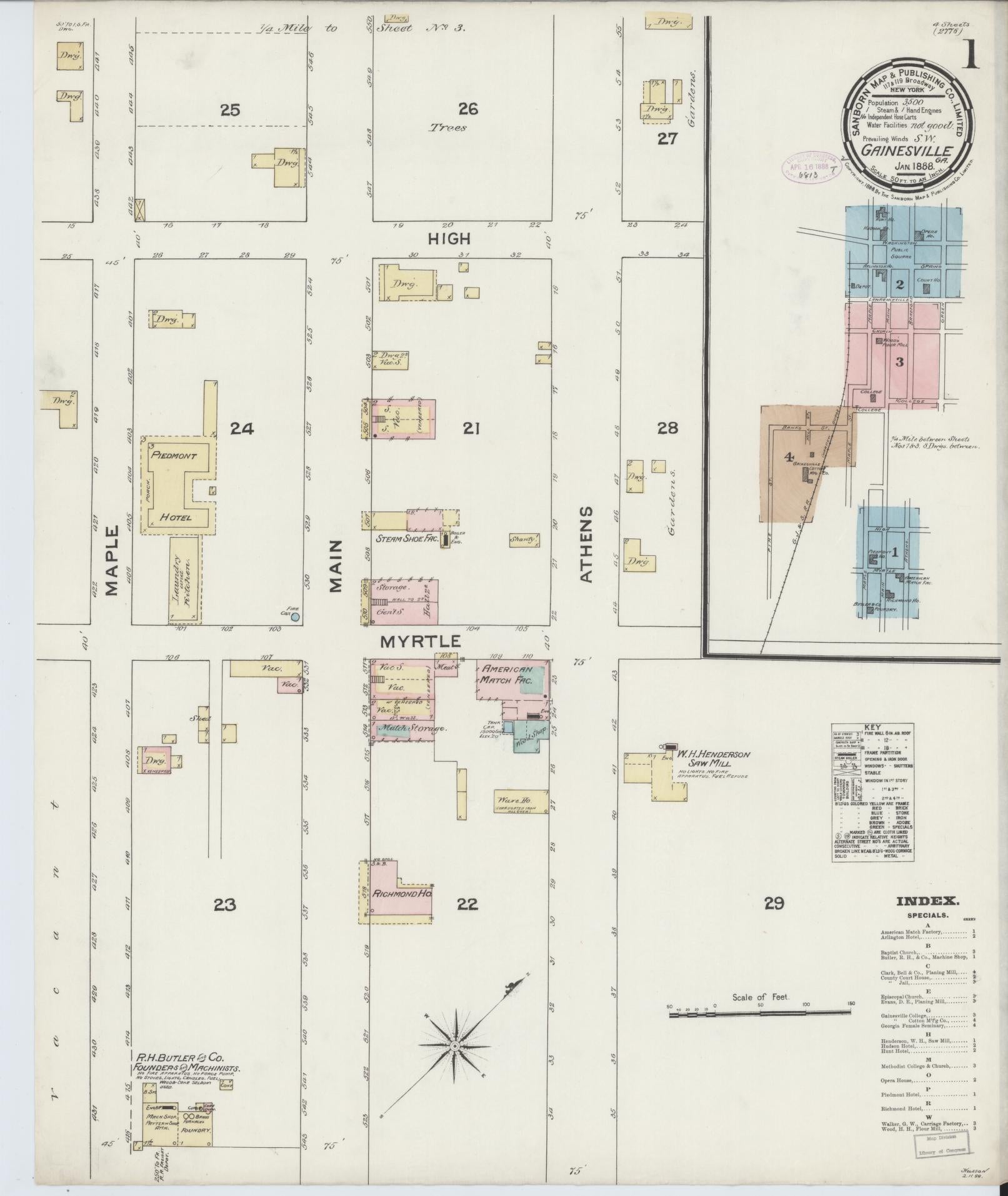 Sanborn Fire Insurance Map from Gainesville, Hall County, Georgia (1888), Sheet #0001 - Complete Map Set gallery image, historic Sanborn map, vintage wall art, Georgia Georgia