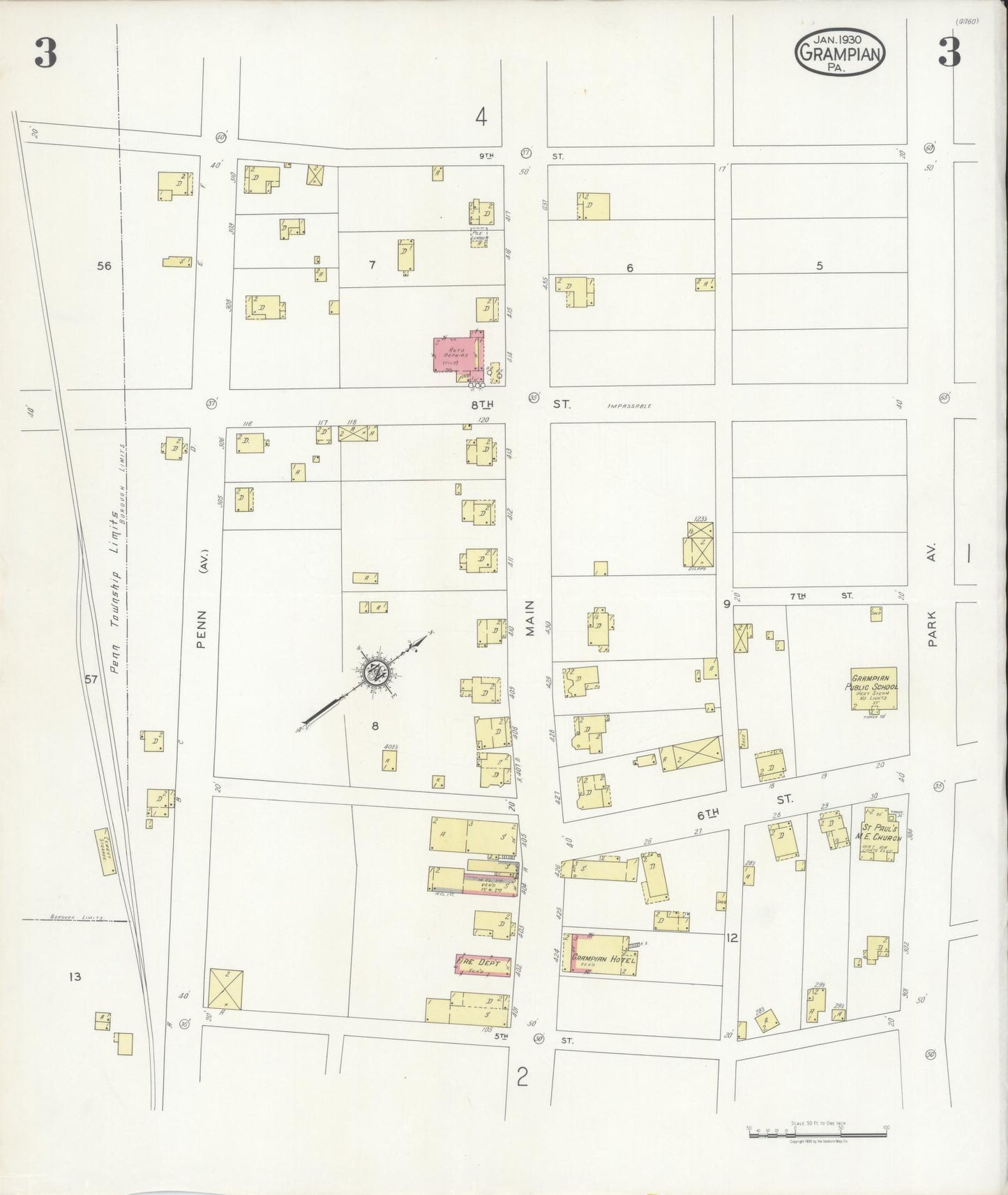 Sanborn Fire Insurance Map from Grampian, Clearfield County, Pennsylvania (1930), Sheet #0003 - Historic Sanborn Fire Insurance Map Print, vintage old map wall art, antique decor, genealogy gift, Pennsylvania Pennsylvania map