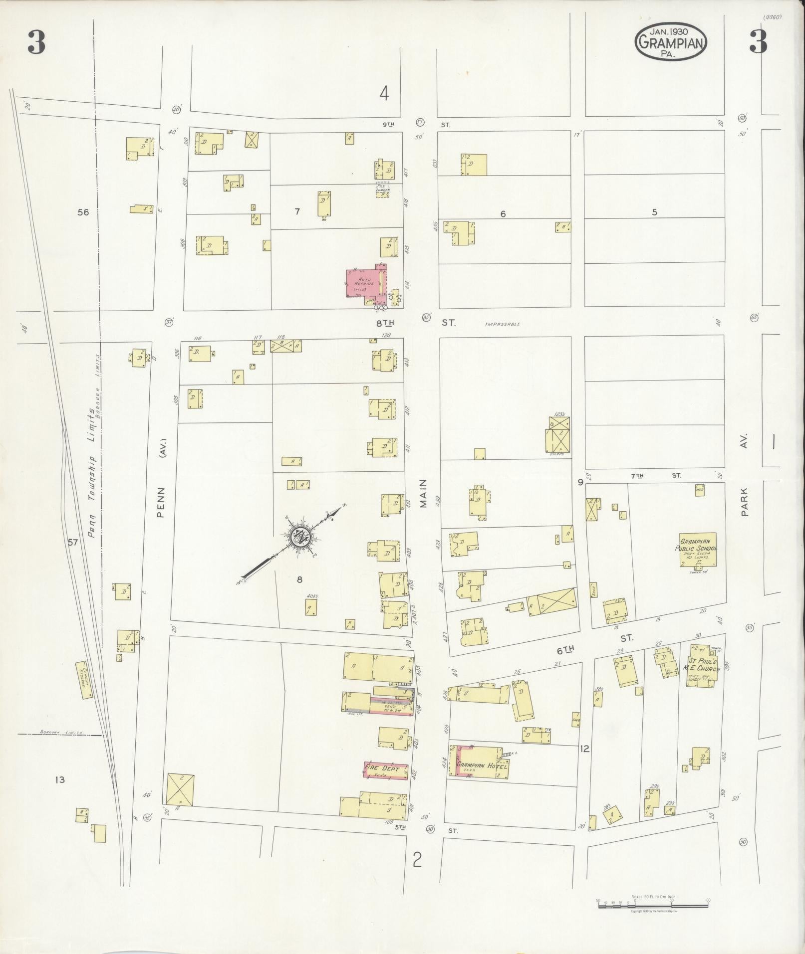 Sanborn Fire Insurance Map from Grampian, Clearfield County, Pennsylvania (1930), Sheet #0003 - Historic Sanborn Fire Insurance Map Print, vintage old map wall art, antique decor, genealogy gift, Pennsylvania Pennsylvania map