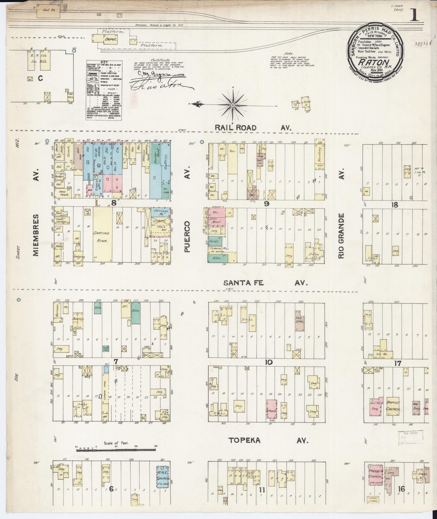 Sanborn Fire Insurance Map from Raton, Colfax County, New Mexico (1890), Sheet #0001 - Historic Sanborn Fire Insurance Map Print, vintage old map wall art, antique decor, genealogy gift, New Mexico New Mexico map