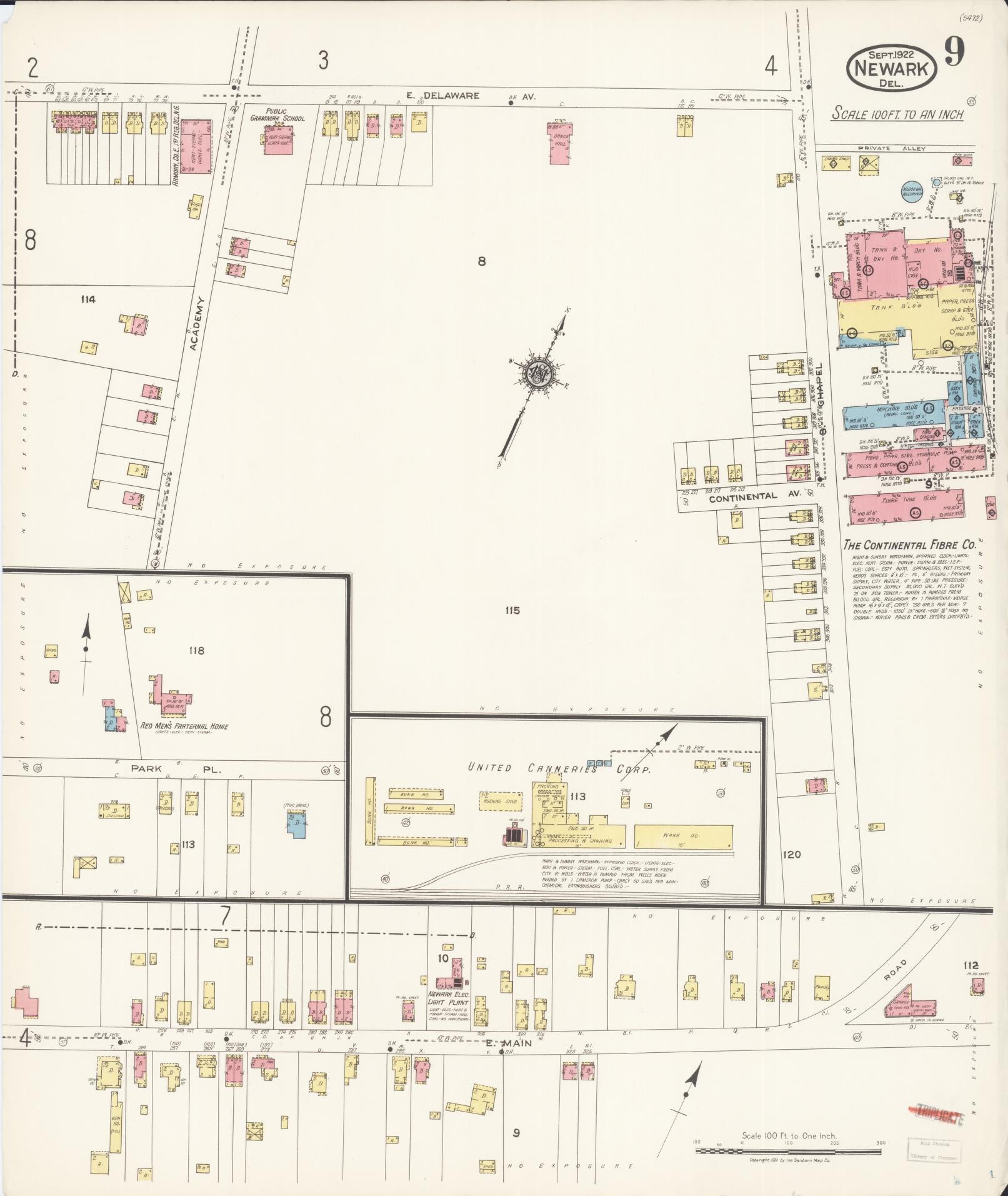 Sanborn Fire Insurance Map from Newark, New Castle County, Delaware (1922), Sheet #0009 - Complete Map Set gallery image, historic Sanborn map, vintage wall art, Delaware Delaware