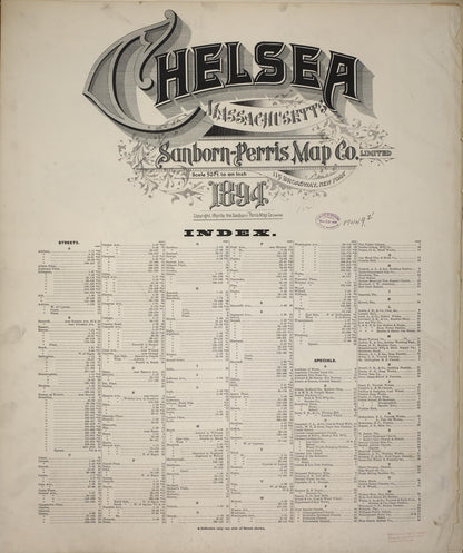 Sanborn Fire Insurance Map from Chelsea, Suffolk County, Massachusetts (1894), Sheet #0001 - Historic Sanborn Fire Insurance Map Print, vintage old map wall art, antique decor, genealogy gift, Massachusetts Massachusetts map