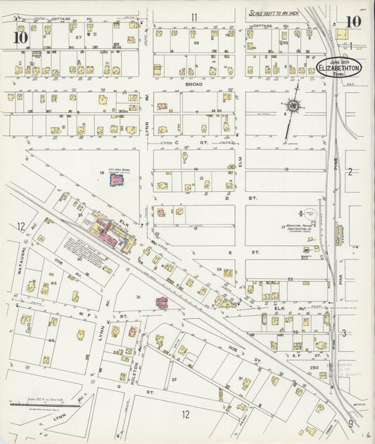 Sanborn Fire Insurance Map from Elizabethton, Carter County, Tennessee (1924), Sheet #0010 - Historic Sanborn Fire Insurance Map Print, vintage old map wall art, antique decor, genealogy gift, Tennessee Tennessee map