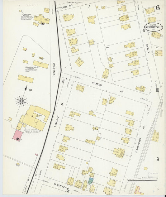 Sanborn Fire Insurance Map from Merchantville, Camden County, New Jersey (1908), Sheet #0006 - Historic Sanborn Fire Insurance Map Print, vintage old map wall art, antique decor, genealogy gift, New Jersey New Jersey map