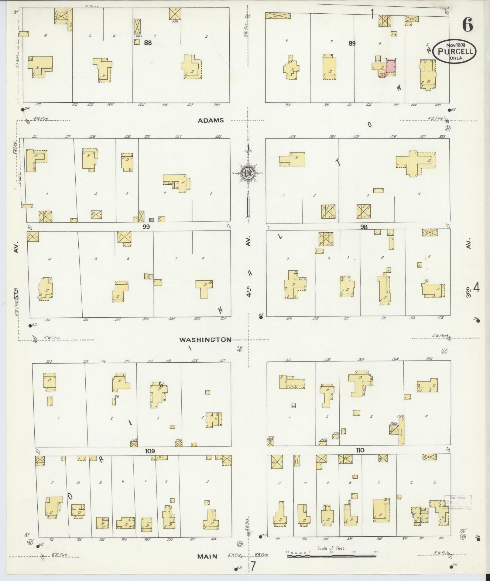 Sanborn Fire Insurance Map from Purcell, McClain County, Oklahoma (1909), Sheet #0006 - Historic Sanborn Fire Insurance Map Print, vintage old map wall art, antique decor, genealogy gift, Oklahoma Oklahoma map