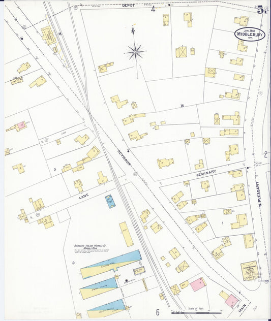 Sanborn Fire Insurance Map from Middlebury, Addison County, Vermont (1905), Sheet #0005 - Historic Sanborn Fire Insurance Map Print, vintage old map wall art, antique decor, genealogy gift, Vermont Vermont map