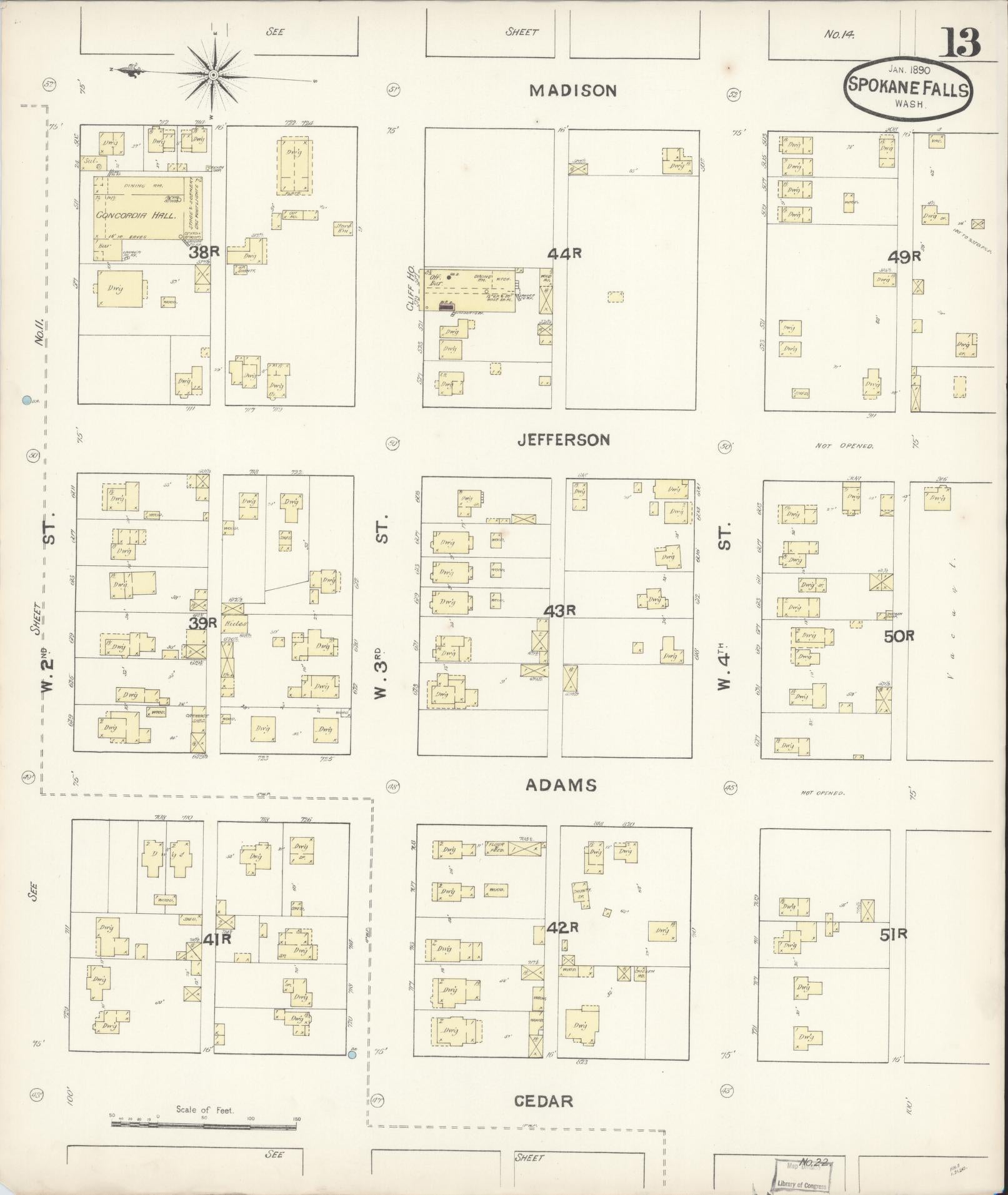 Sanborn Fire Insurance Map from Spokane, Spokane County, Washington (1890), Sheet #0013 - Complete Map Set gallery image, historic Sanborn map, vintage wall art, Washington Washington