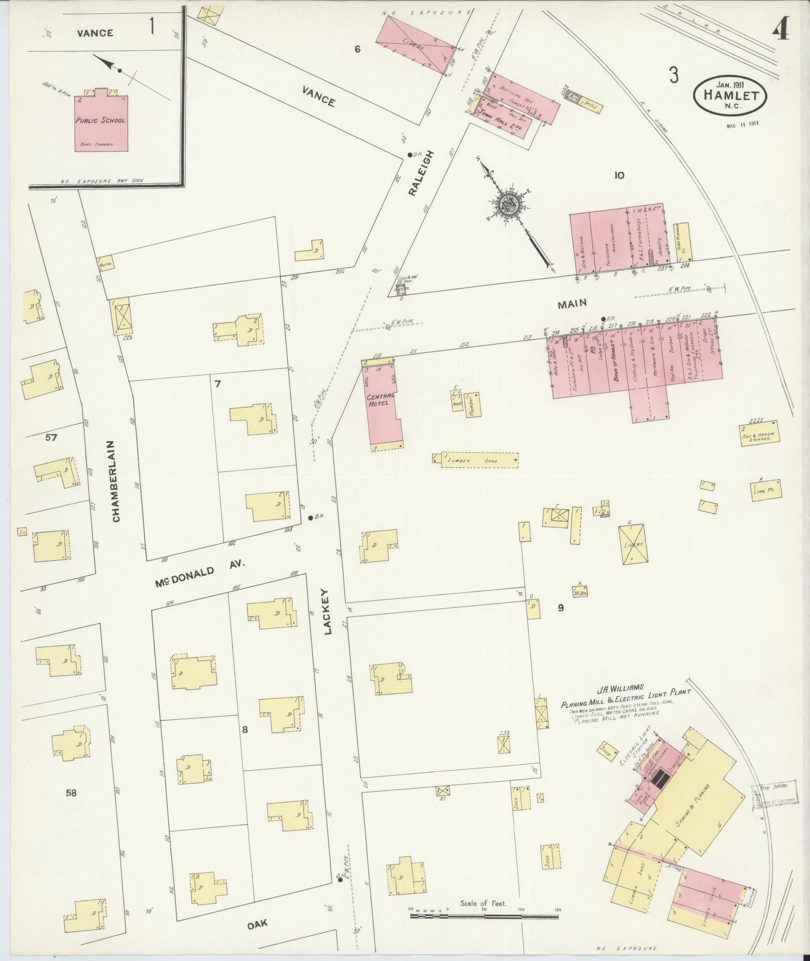 Sanborn Fire Insurance Map from Hamlet, Richmond County, North Carolina (1911), Sheet #0004 - Complete Map Set gallery image, historic Sanborn map, vintage wall art, North Carolina North Carolina