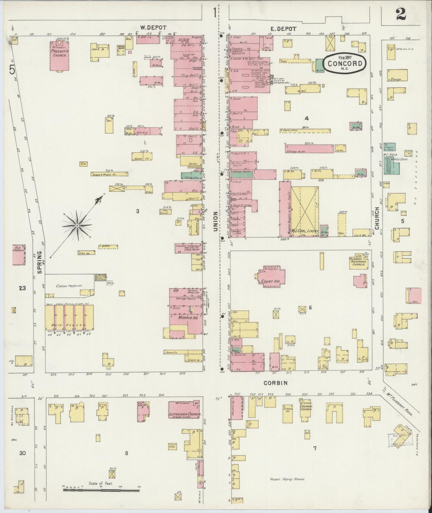 Sanborn Fire Insurance Map from Concord, Cabarrus County, North Carolina (1897), Sheet #0002 - Complete Map Set gallery image, historic Sanborn map, vintage wall art, North Carolina North Carolina