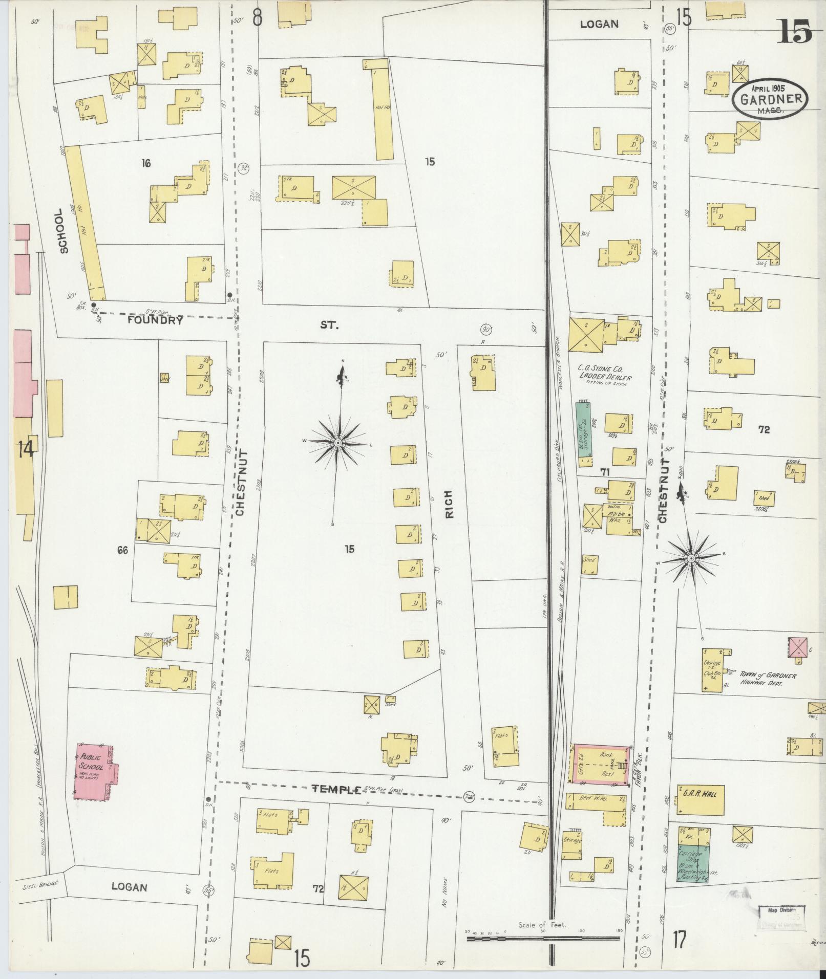 Sanborn Fire Insurance Map from Gardner, Worcester County, Massachusetts (1905), Sheet #0015 - Historic Sanborn Fire Insurance Map Print, vintage old map wall art, antique decor, genealogy gift, Massachusetts Massachusetts map