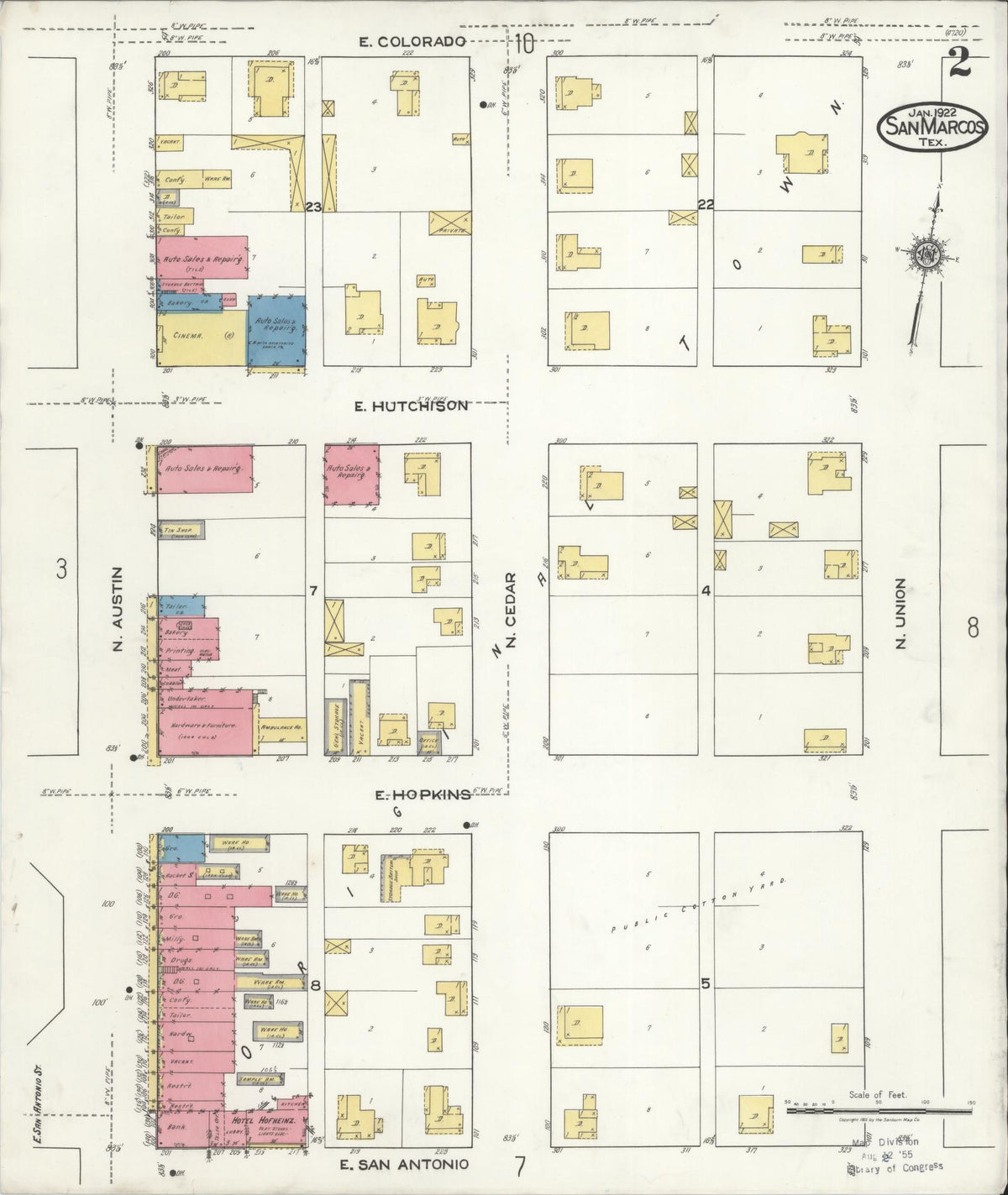 Sanborn Fire Insurance Map from San Marcos, Hays County, Texas (1922), Sheet #0002 - Complete Map Set gallery image, historic Sanborn map, vintage wall art, Texas Texas