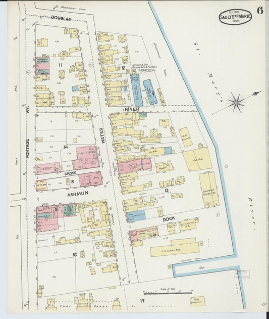 Sanborn Fire Insurance Map from Sault Sainte Marie, Chippewa County, Michigan (1890), Sheet #0006 - Historic Sanborn Fire Insurance Map Print, vintage old map wall art, antique decor, genealogy gift, Michigan Michigan map
