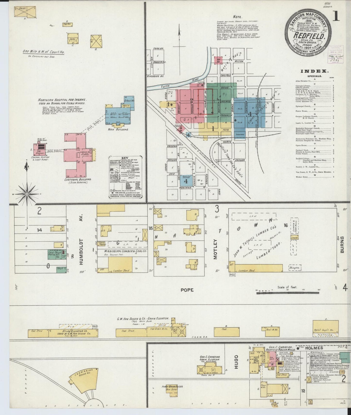 Sanborn Fire Insurance Map from Redfield, Spink County, South Dakota (1904), Sheet #0001 - Historic Sanborn Fire Insurance Map Print, vintage old map wall art, antique decor, genealogy gift, South Dakota South Dakota map