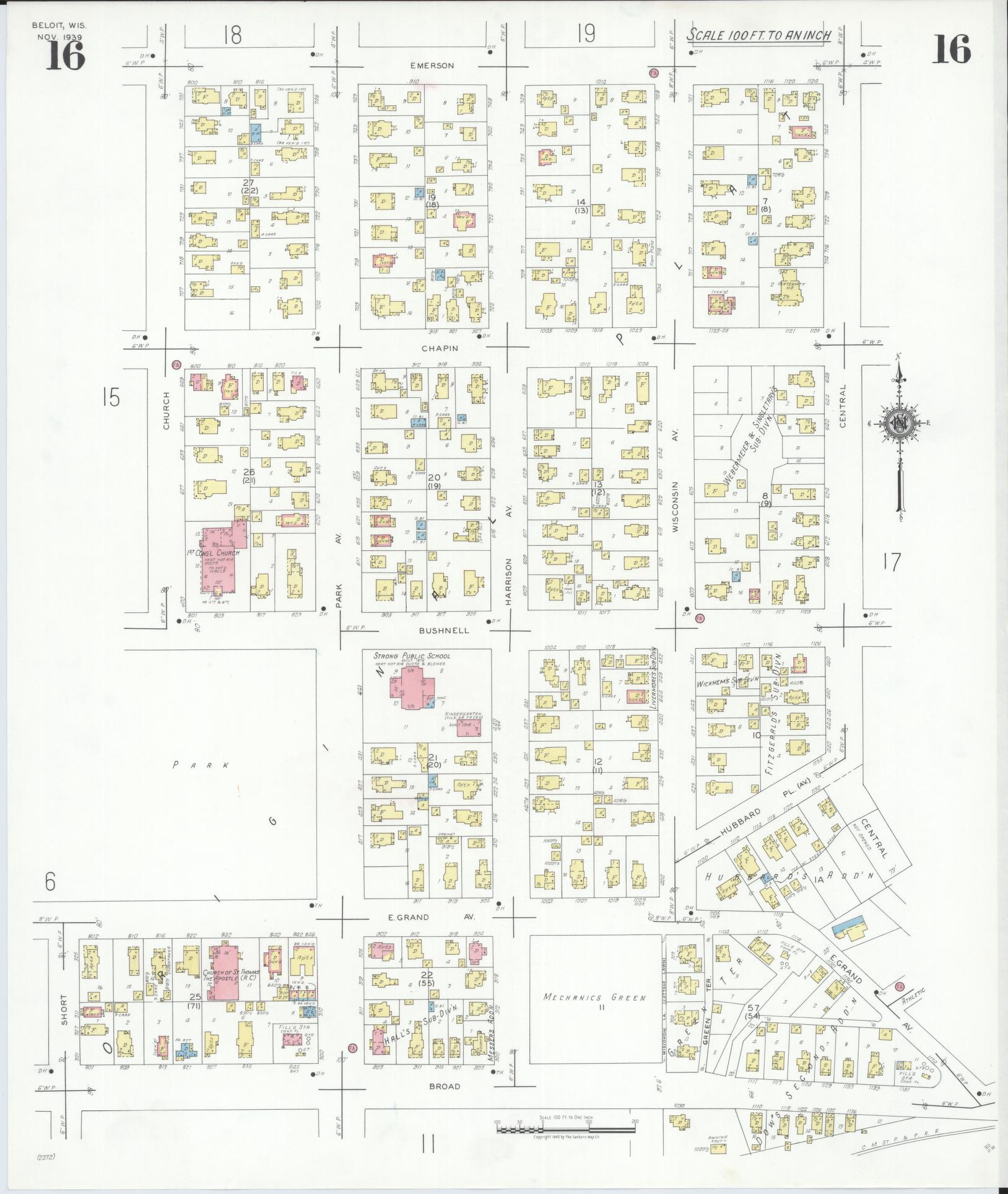 Sanborn Fire Insurance Map from Beloit, Rock County, Wisconsin (1939), Sheet #0016 - Complete Map Set gallery image, historic Sanborn map, vintage wall art, Wisconsin Wisconsin