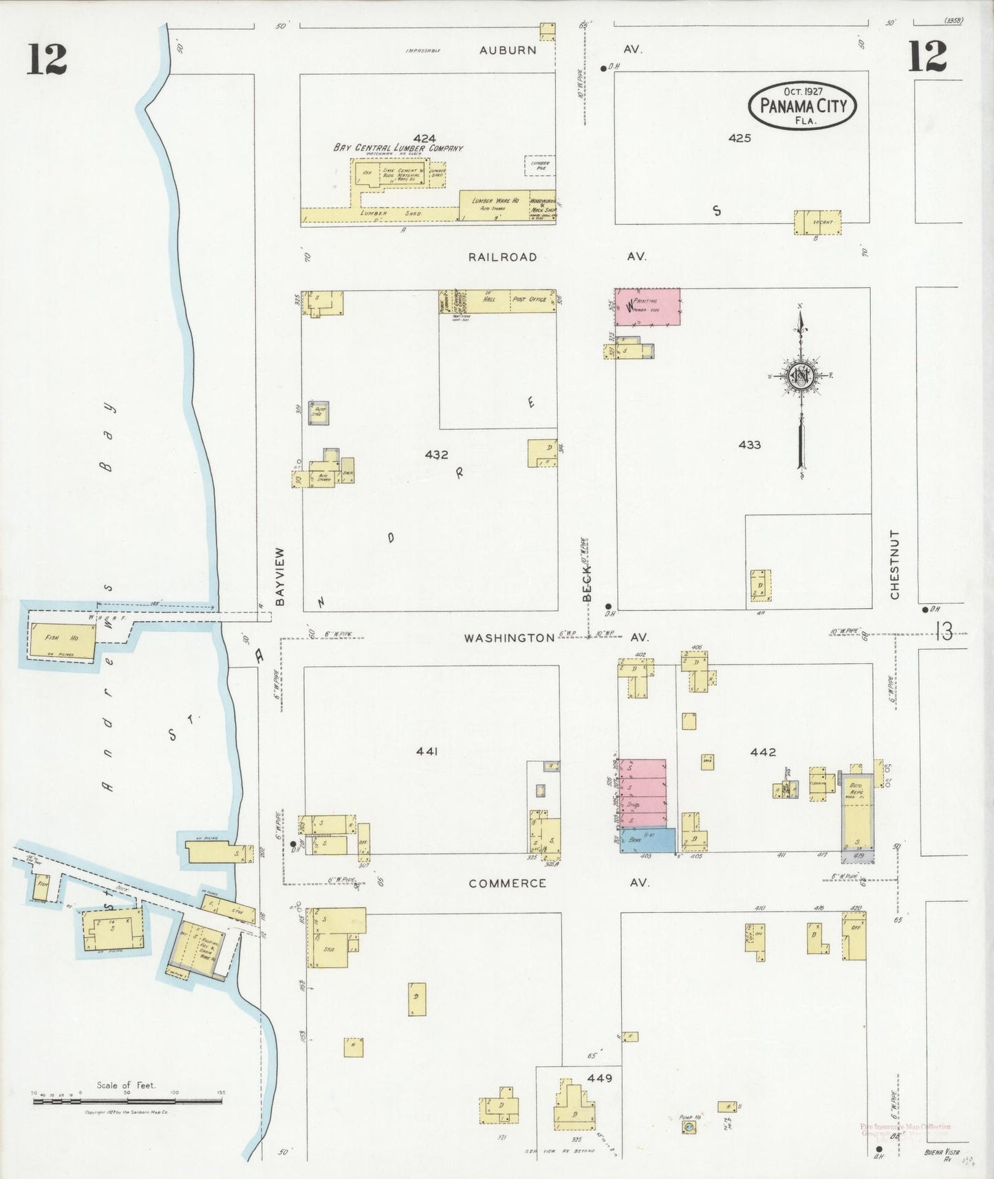 Sanborn Fire Insurance Map from Panama City, Bay County, Florida (1927), Sheet #0012 - Complete Map Set gallery image, historic Sanborn map, vintage wall art, Florida Florida