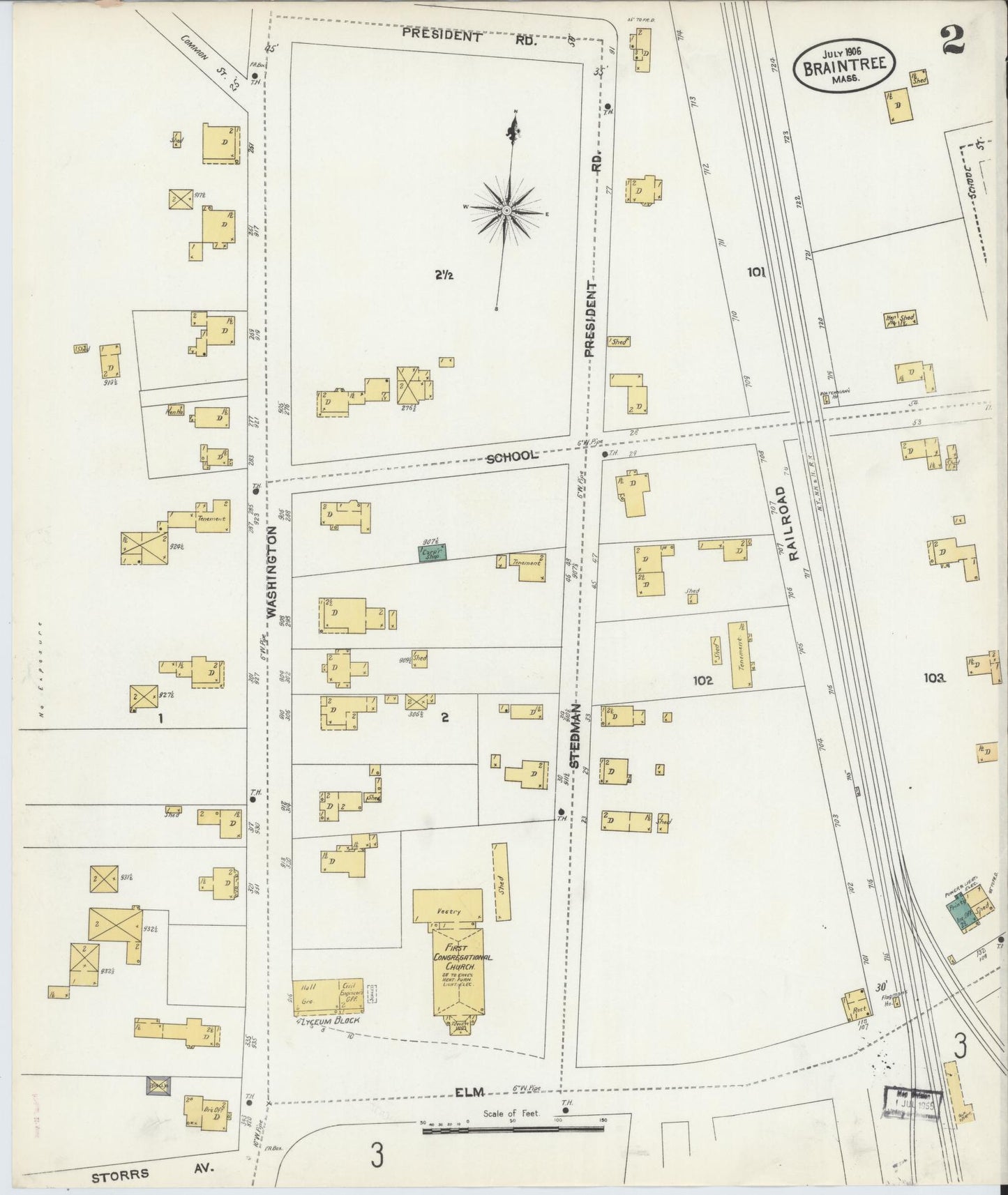 Sanborn Fire Insurance Map from Braintree, Norfolk County, Massachusetts (1906), Sheet #0002 - Historic Sanborn Fire Insurance Map Print, vintage old map wall art, antique decor, genealogy gift, Massachusetts Massachusetts map