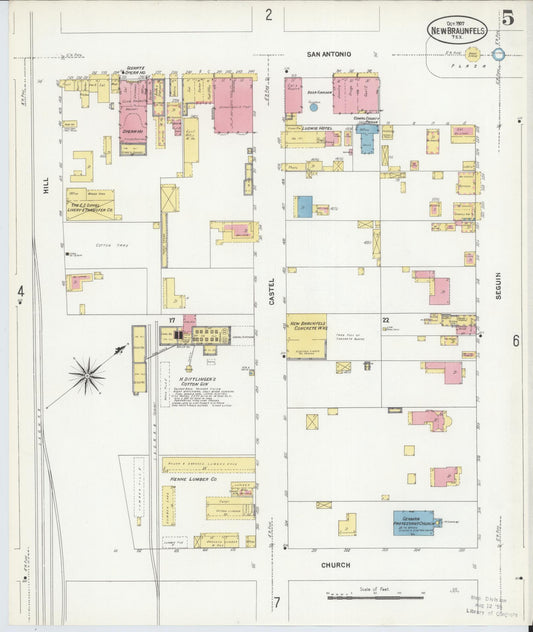 Sanborn Fire Insurance Map from New Braunfels, Comal County, Texas (1907), Sheet #0005 - Historic Sanborn Fire Insurance Map Print, vintage old map wall art, antique decor, genealogy gift, Texas Texas map