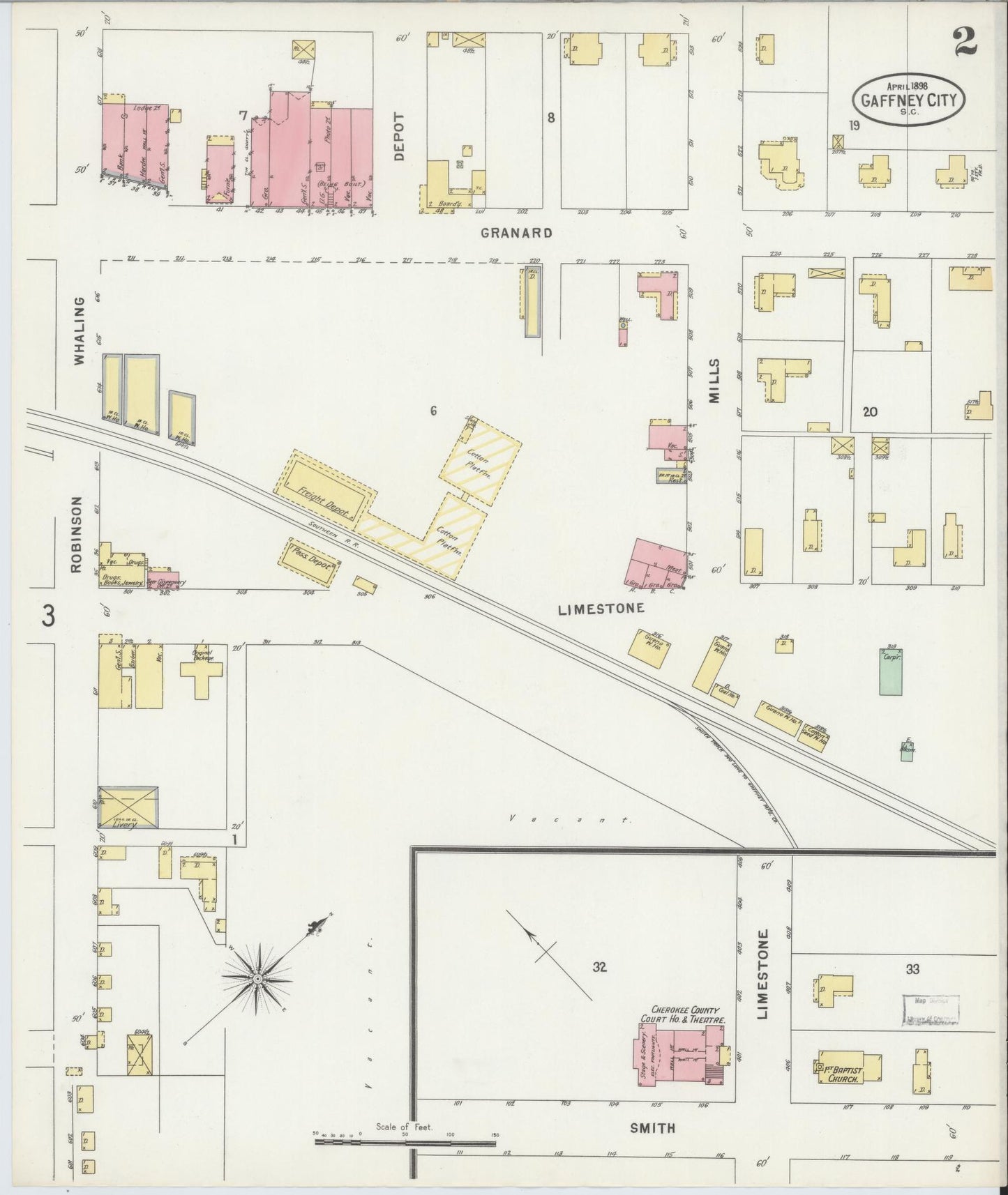 Sanborn Fire Insurance Map from Gaffney, Cherokee County, South Carolina (1898), Sheet #0002 - Historic Sanborn Fire Insurance Map Print, vintage old map wall art, antique decor, genealogy gift, South Carolina South Carolina map