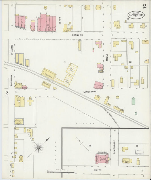 Sanborn Fire Insurance Map from Gaffney, Cherokee County, South Carolina (1898), Sheet #0002 - Historic Sanborn Fire Insurance Map Print, vintage old map wall art, antique decor, genealogy gift, South Carolina South Carolina map