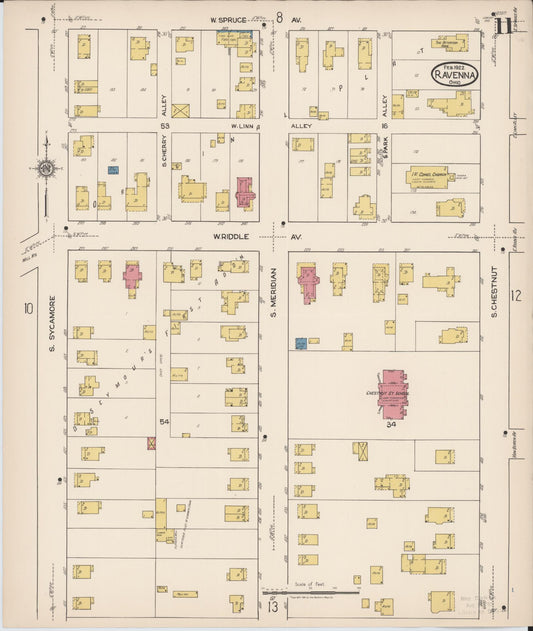 Sanborn Fire Insurance Map from Ravenna, Portage County, Ohio (1922), Sheet #0011 - Historic Sanborn Fire Insurance Map Print, vintage old map wall art, antique decor, genealogy gift, Ohio Ohio map