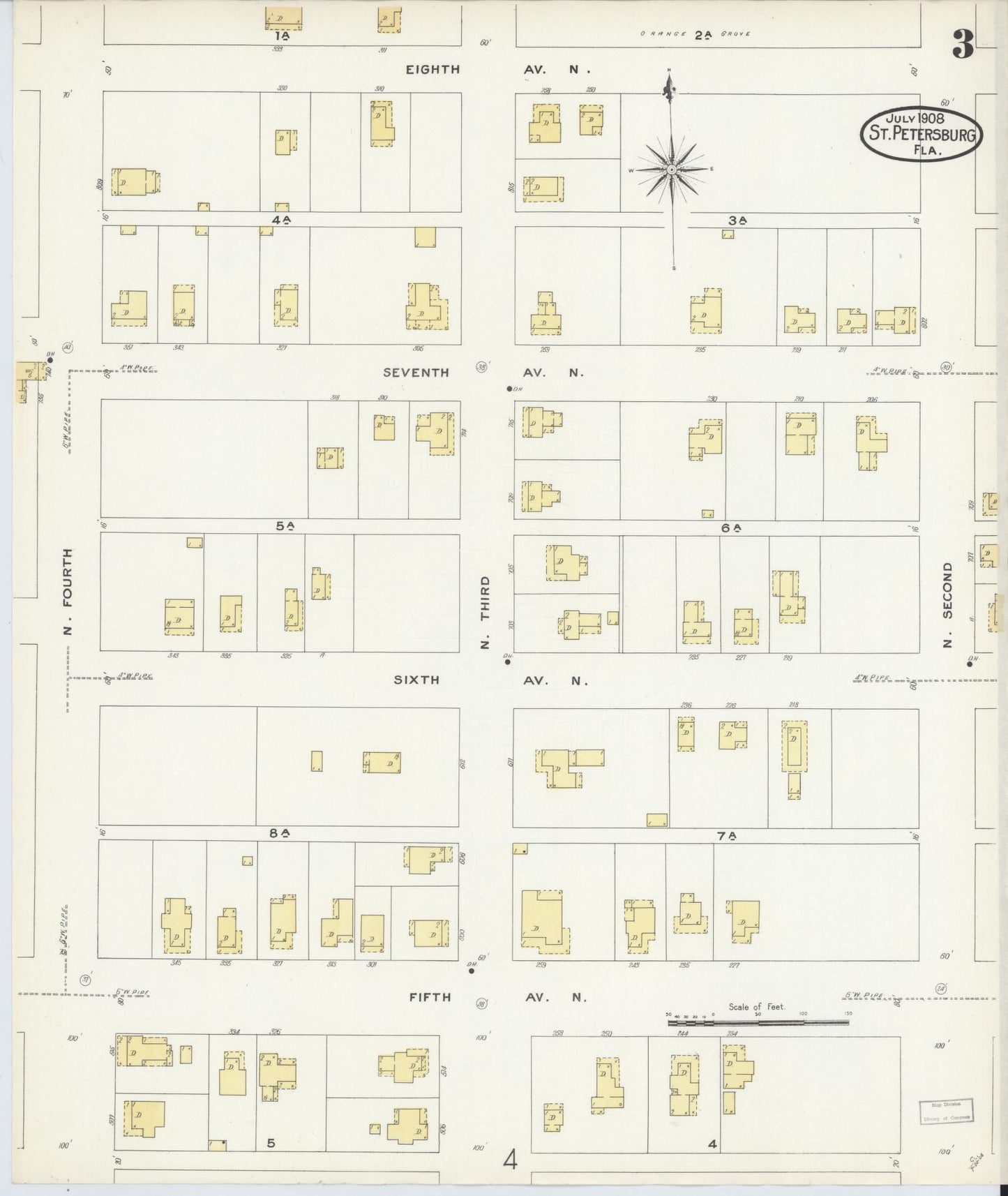 Sanborn Fire Insurance Map from Saint Petersburg, Pinellas County, Florida (1908), Sheet #0003 - Historic Sanborn Fire Insurance Map Print, vintage old map wall art, antique decor, genealogy gift, Florida Florida map