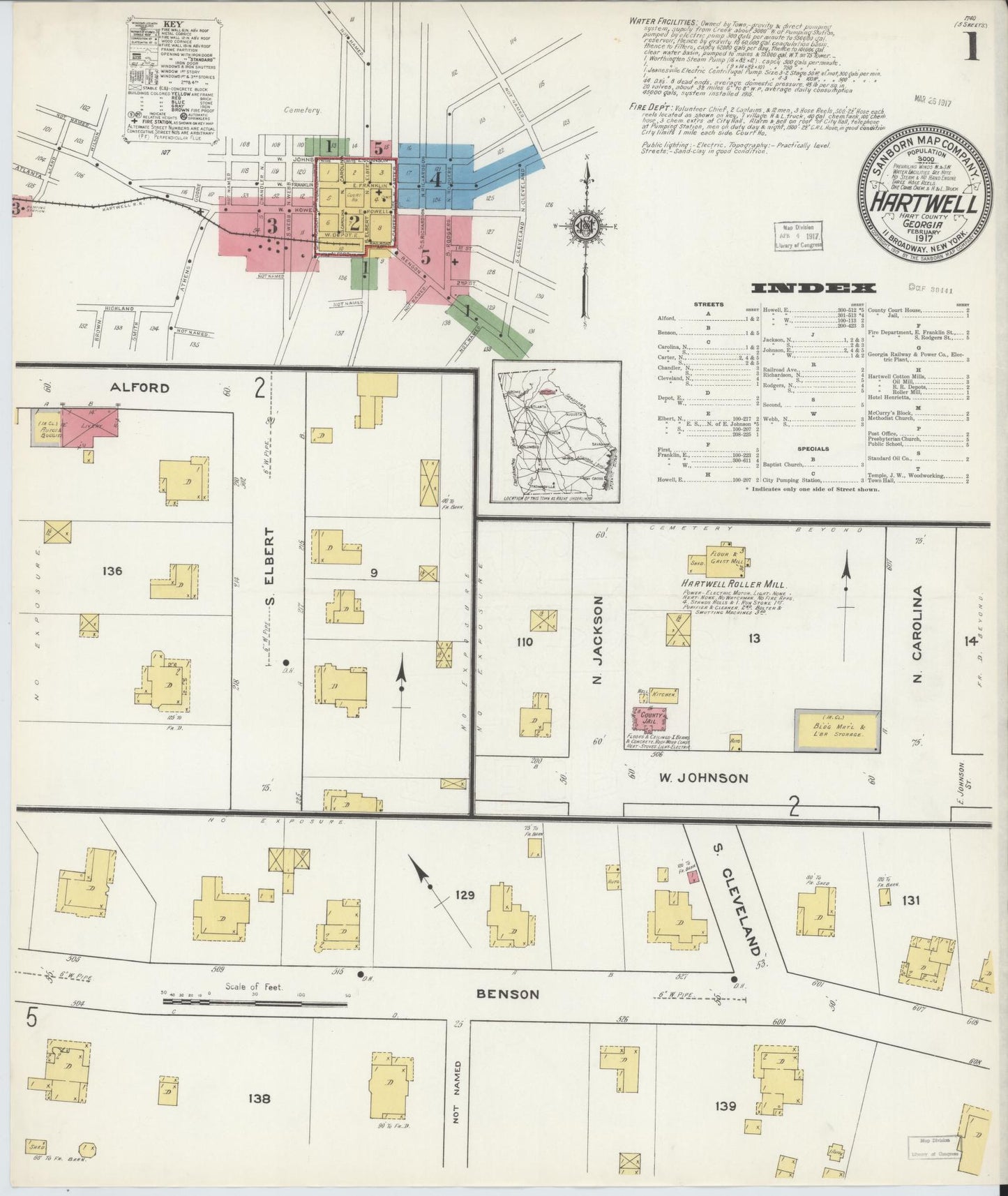 Sanborn Fire Insurance Map from Hartwell, Hart County, Georgia (1917), Sheet #0001 - Complete Map Set gallery image, historic Sanborn map, vintage wall art, Georgia Georgia