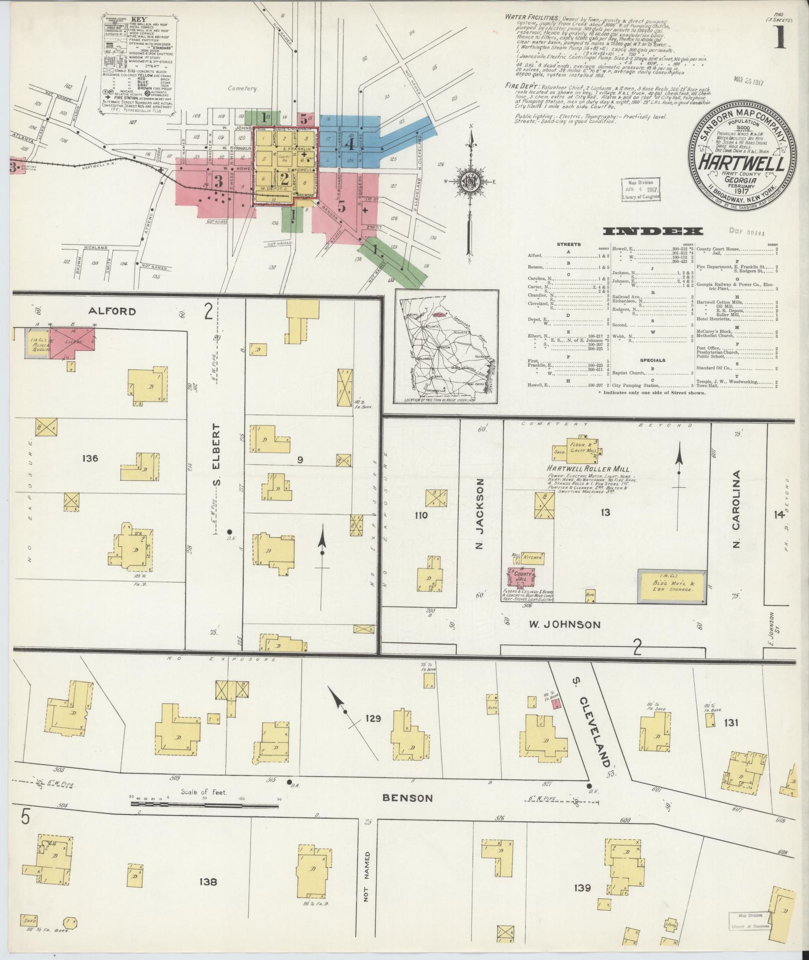 Sanborn Fire Insurance Map from Hartwell, Hart County, Georgia (1917), Sheet #0001 - Complete Map Set gallery image, historic Sanborn map, vintage wall art, Georgia Georgia