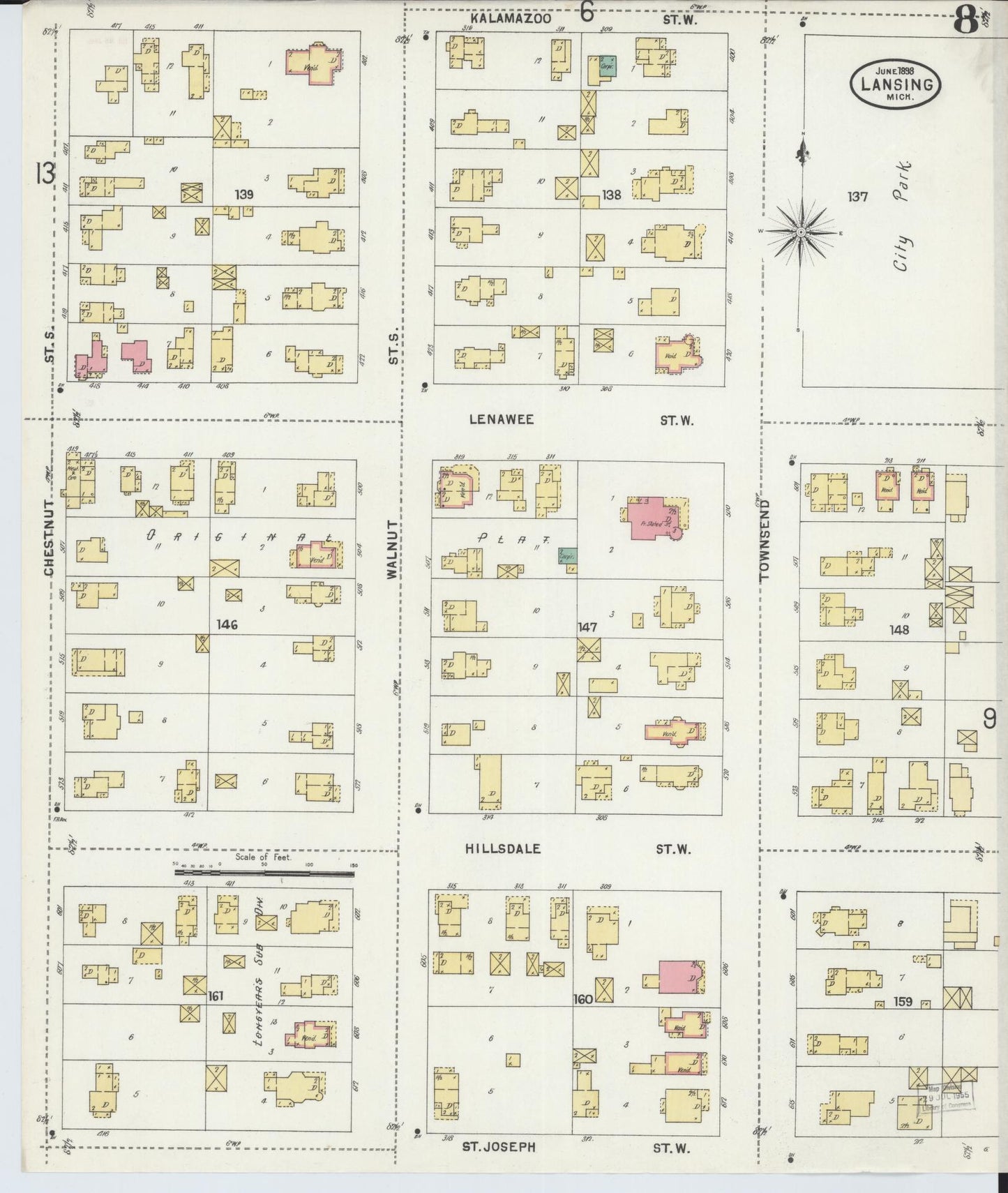 Sanborn Fire Insurance Map from Lansing, Ingham County, Michigan (1898), Sheet #0008 - Complete Map Set gallery image, historic Sanborn map, vintage wall art, Michigan Michigan