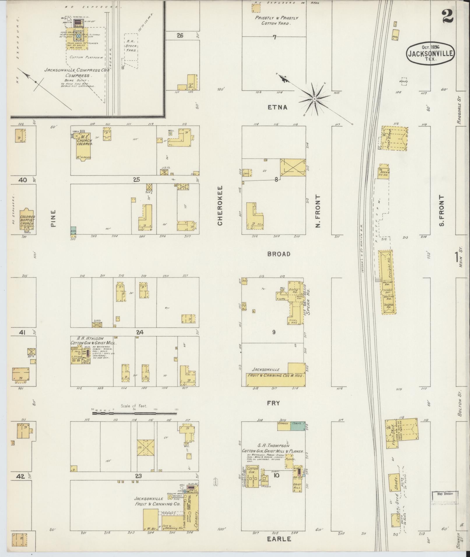 Sanborn Fire Insurance Map from Jacksonville, Cherokee County, Texas (1896), Sheet #0002 - Historic Sanborn Fire Insurance Map Print, vintage old map wall art, antique decor, genealogy gift, Texas Texas map