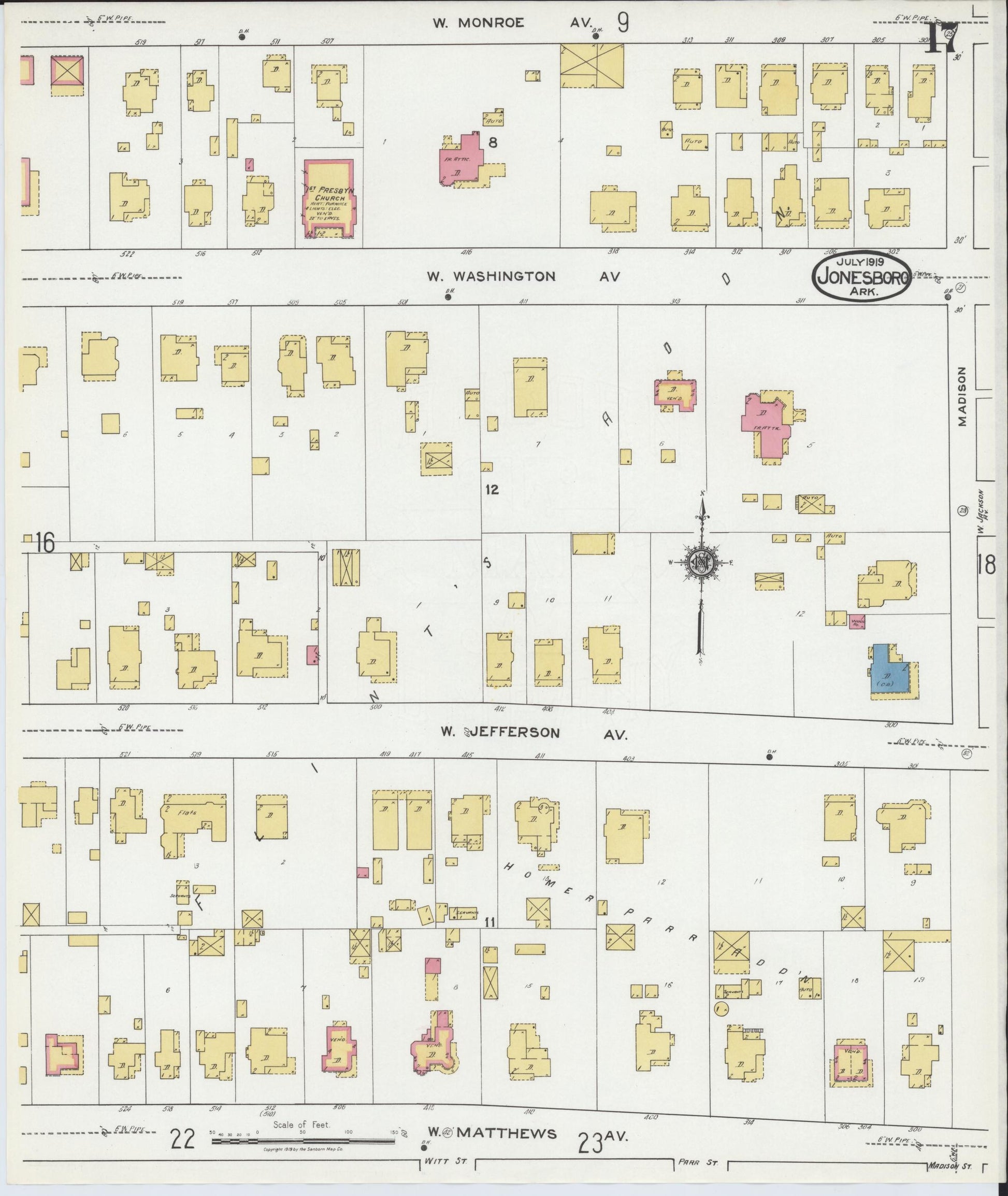 Sanborn Fire Insurance Map from Jonesboro, Craighead County, Arkansas (1919), Sheet #0017 - Historic Sanborn Fire Insurance Map Print, vintage old map wall art, antique decor, genealogy gift, Arkansas Arkansas map