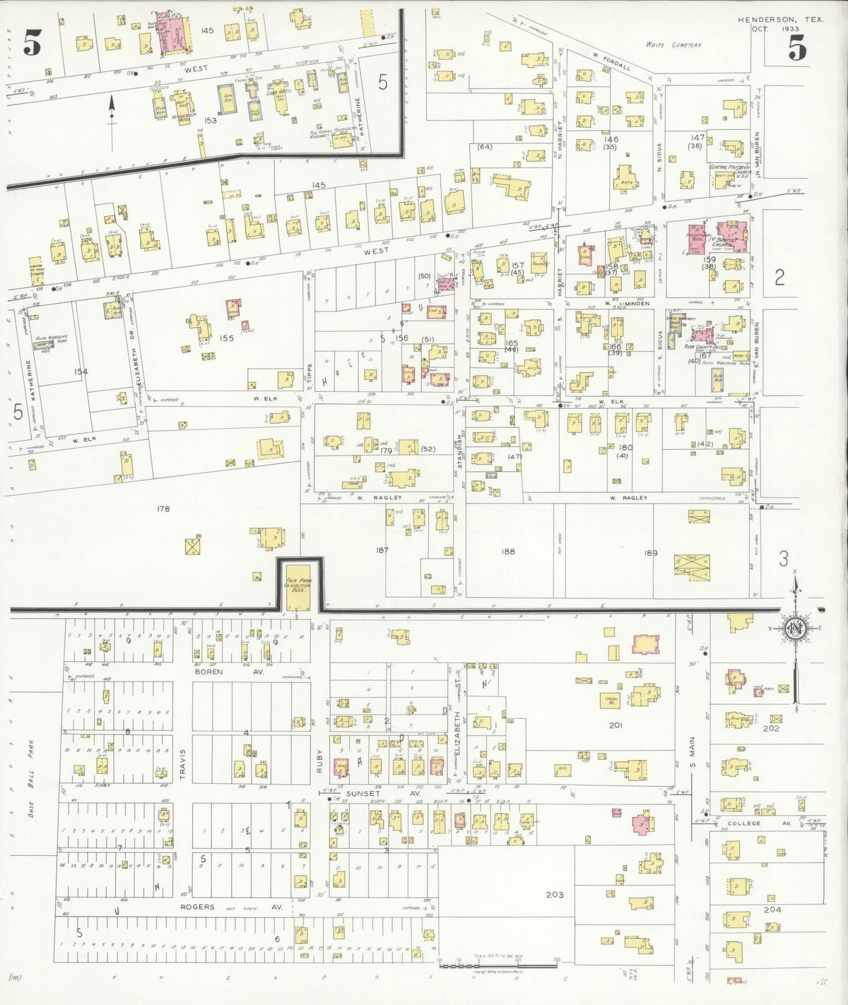 Sanborn Fire Insurance Map from Henderson, Rusk County, Texas (1933), Sheet #0005 - Historic Sanborn Fire Insurance Map Print, vintage old map wall art, antique decor, genealogy gift, Texas Texas map