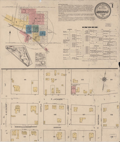 Sanborn Fire Insurance Map from Marianna, Jackson County, Florida (1922), Sheet #0001 - Historic Sanborn Fire Insurance Map Print, vintage old map wall art, antique decor, genealogy gift, Florida Florida map