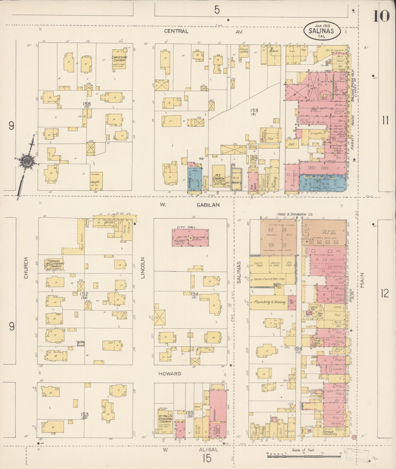 Sanborn Fire Insurance Map from Salinas, Monterey County, California (1913), Sheet #0010 - Complete Map Set gallery image, historic Sanborn map, vintage wall art, California California