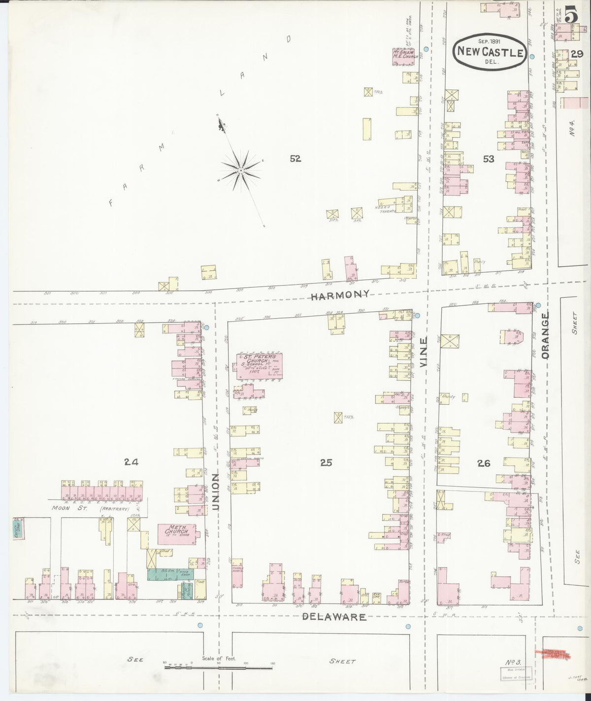 Sanborn Fire Insurance Map from New Castle, New Castle County, Delaware (1891), Sheet #0005 - Historic Sanborn Fire Insurance Map Print, vintage old map wall art, antique decor, genealogy gift, Delaware Delaware map